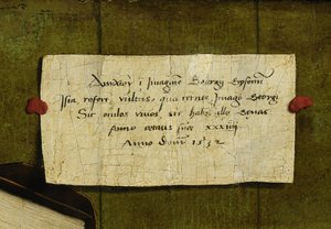 (detalle) Retrato del comerciante Georg Gisze. El poema en latín (con título en griego) de Hans Holbein der Jüngere